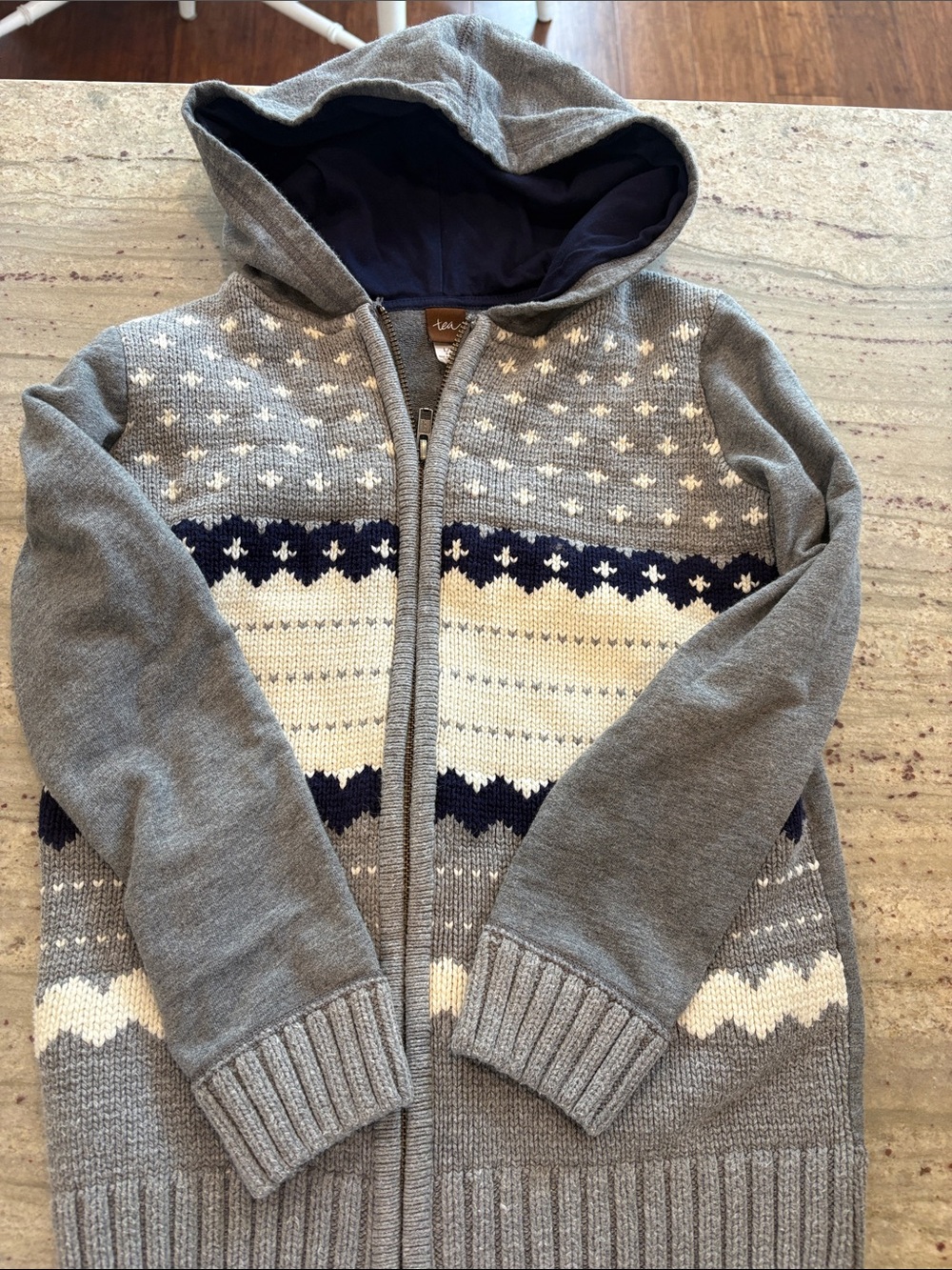 Gray Hooded Zip Sweater with Nordic Pattern